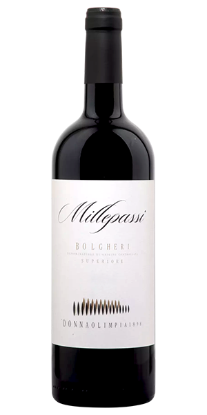 Donna Olimpia Millepassi Bolgheri DOC Superiore Toskana Italien Cabernet Sauvignon, Merlot, Petit Verdot Intensive Aromen von Maul- und Heidelbeeren, Zimt, Pfeffer und Kakao. Im Gaumen voll, harmonisch und warm, mit elegant seidigen Tanninen und einem würzigen, langen Abgang. Wein kaufen