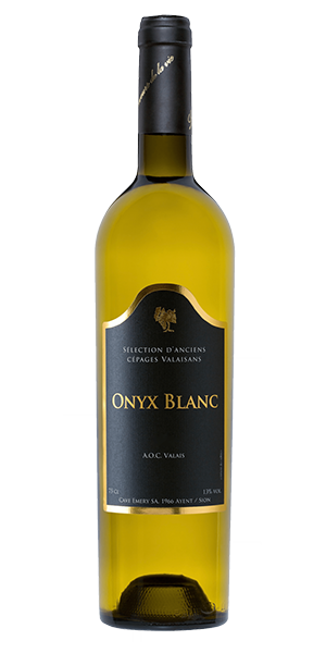 Cave Emery Onyx Blanc AOC Wallis Schweiz Assemblage Aromen von exotischen Früchten und subtile Nuancen von Nüssen. Harmonische und komplexe Assemblage. Sehr frisch mit einer guten Säurestruktur und einem anhaltenden Abgang. Wein kaufen